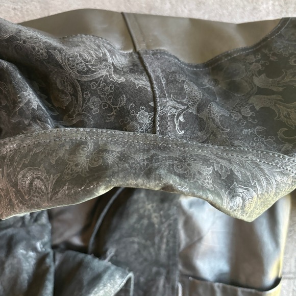 Vintage Leather Suede Coat Women's Duster Jacket Long Black Floral Pattern - Picture 12 of 14